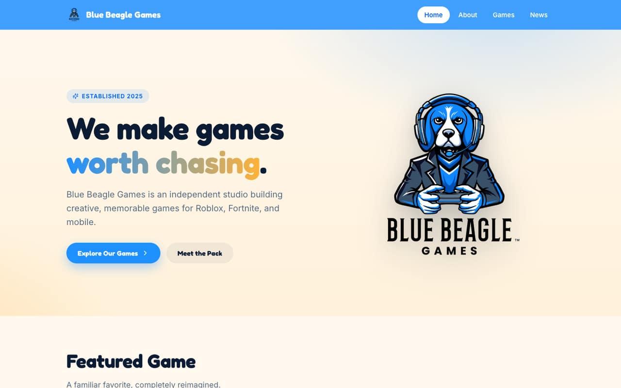 Blue Beagle Games Website home page